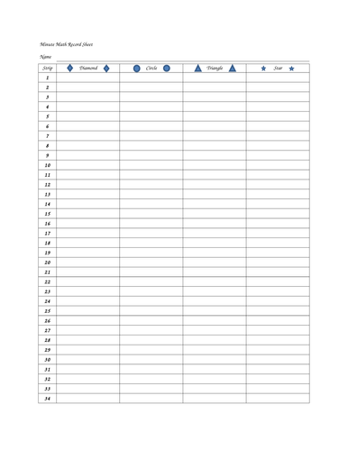 Minute Math Record Sheet