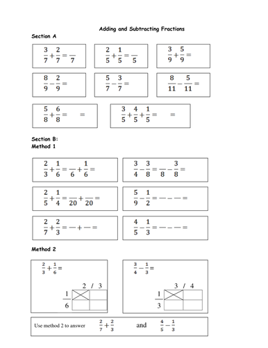 Adding fractions structured write on handout