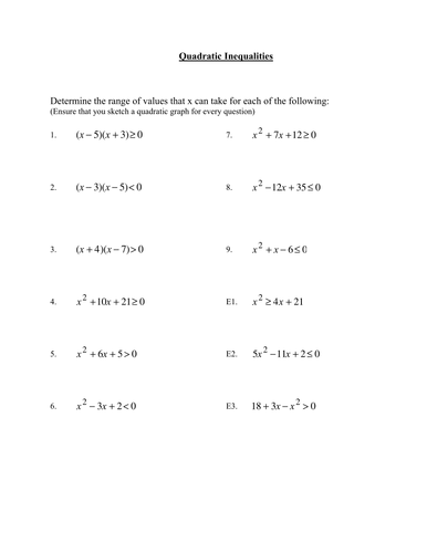 GCSE Maths: Worksheet on Quadratic Inequalities by phildb - Teaching