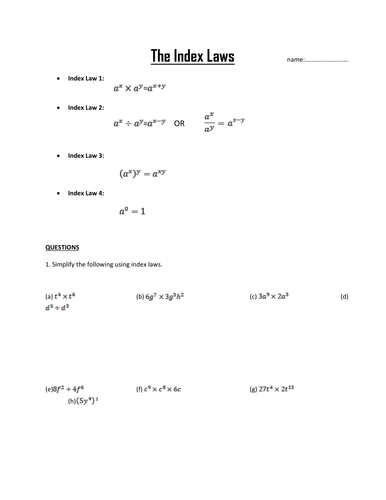 Index Laws Worksheet by annamarchbank - Teaching Resources - TES