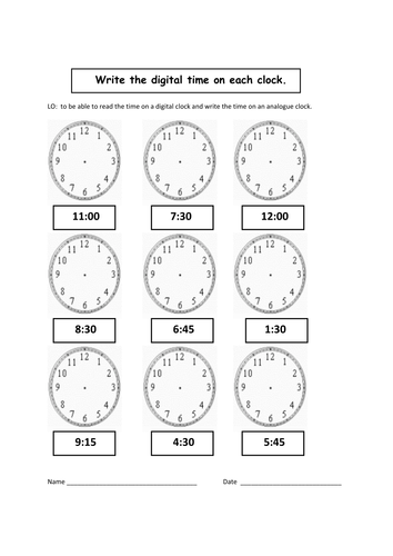 Time - turning digital time to analogue time | Teaching Resources