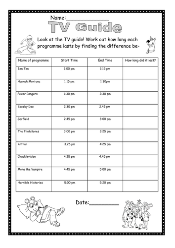 TV guide handout - find the time difference