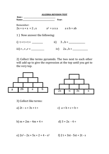 Algebra review test | Teaching Resources