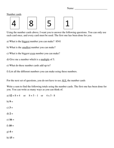 Using number cards; facts; adding; comparing