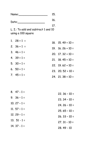 Add and subtract 1 and 10 | Teaching Resources