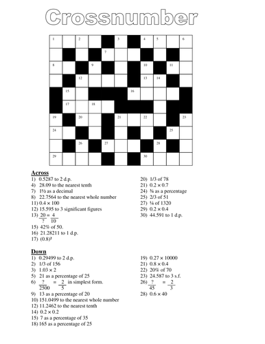 Number Skills reviewCrossword | Teaching Resources