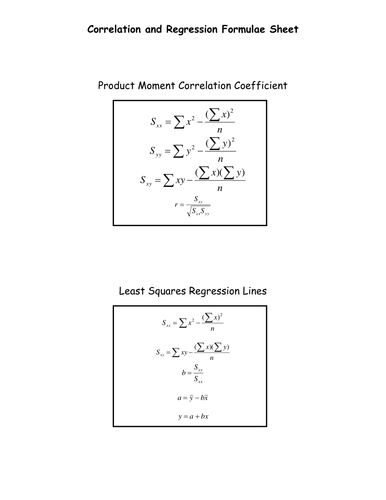 Correlation and Regression formulae sheet