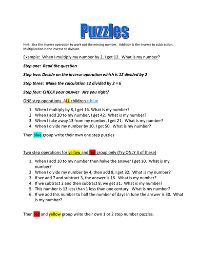 Number Puzzles (needing inverse operations)