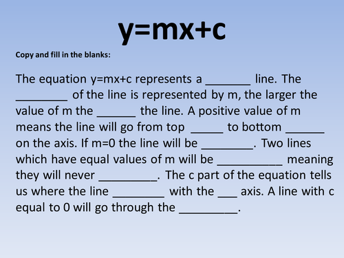 y=mx +c fill in the blanks settler