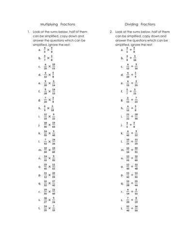 Multiplying and Dividing Fractions handout