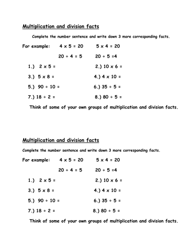 Multiplication and division facts
