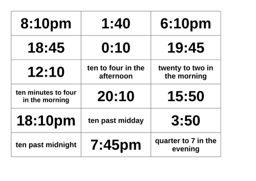 Time - 24 hour clock pairs game