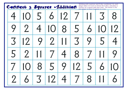Addition Connect 3 Squares Game
