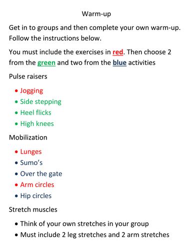 Warm Up Guidance Sheet Teaching Resources