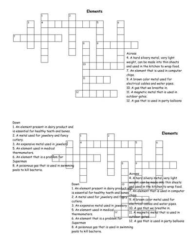 Elements Crossword Teaching Resources