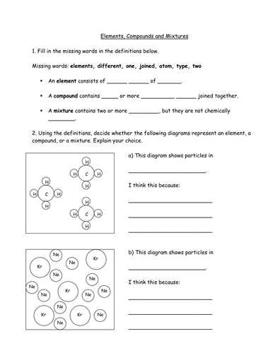 Worksheet Elements Compounds And Mixtures Teaching Resources