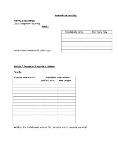 Invertebrate sampling activity sheet