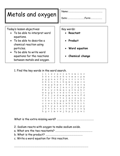 Metals and oxygen worksheet by samthompsonneeholyman - Teaching
