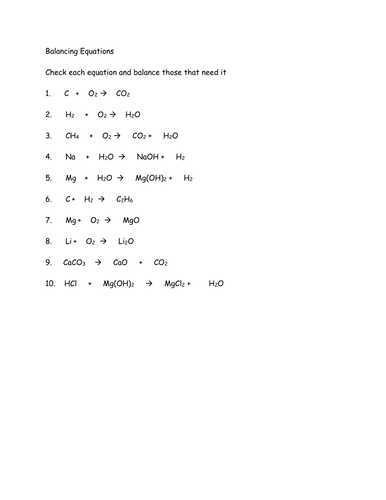 balancing equations homework answer key