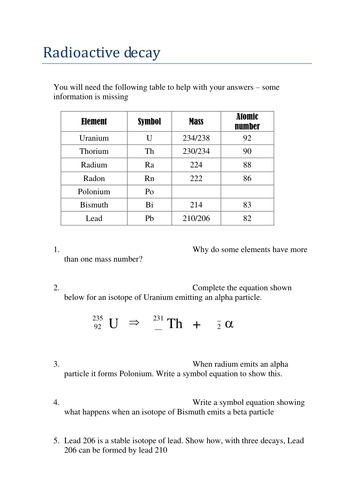 Alpha and Beta Decay Questions | Teaching Resources