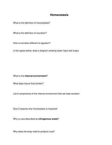 Homeostasis Questions | Teaching Resources