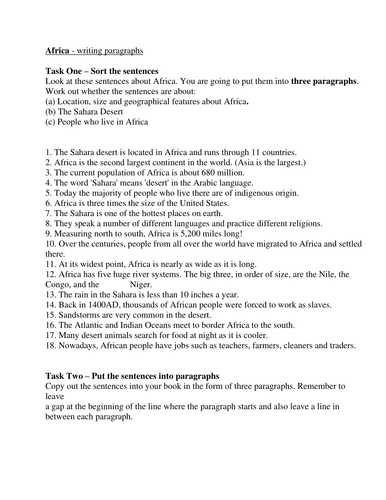 Africa - sorting sentences into paragraphs