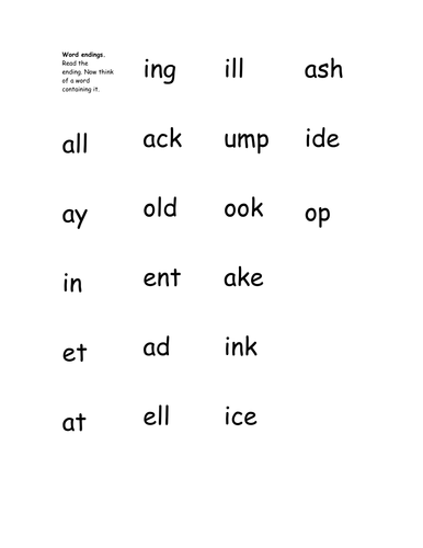 Word Endings list activity