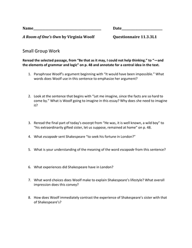 ELA 11 Module 11.1.3 A Room of One's Own