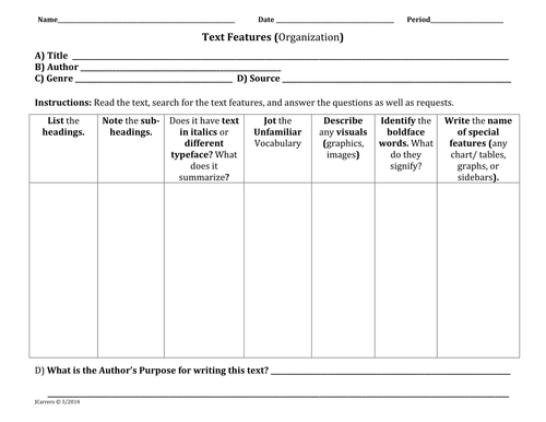 Text Features Graphic Organizer Teaching Resources