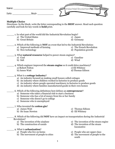 Industrial Revolution Pre Test Teaching Resources