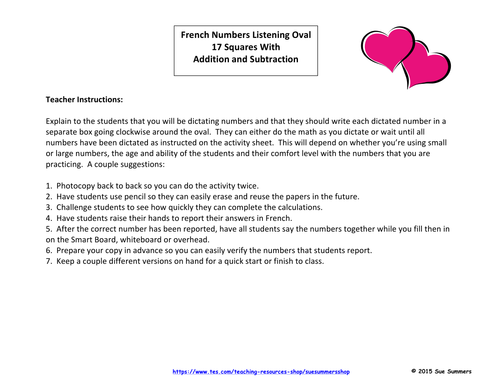 French Numbers and Math Listening Activity Valentine's Day Theme