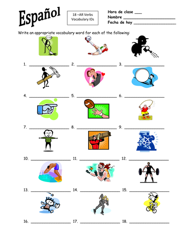 Spanish -AR Verbs 18 Infinitives Image IDs Worksheet #2