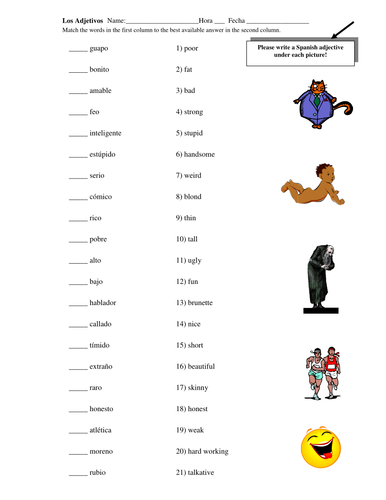 Spanish Adjectives of People Matching Worksheet