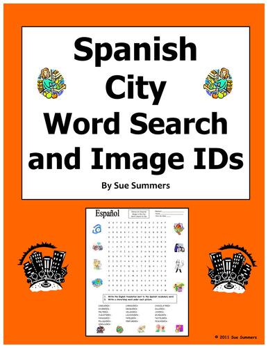 Spanish City Shops Word Search Puzzle and Vocabulary IDs Worksheet