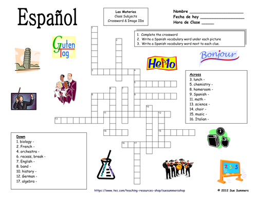 Spanish Class Subjects Crossword Puzzle and Image IDs Worksheet