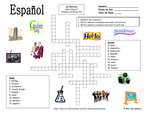 spanish class subjects crossword puzzle and image ids worksheet teaching resources