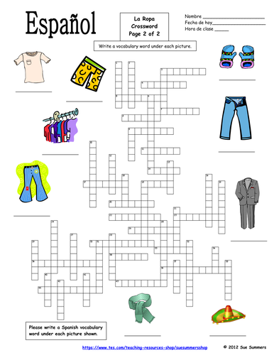 Spanish Clothing Crossword, Vocabulary IDs and Sentences