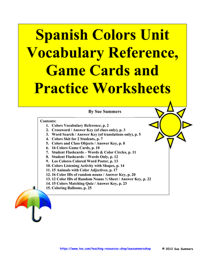 Spanish Colors Unit - Vocabulary, Game, Skit, Flashcards, Worksheets
