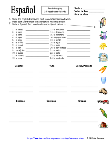 Spanish Food Groupings - 24 Words with 6 Categories