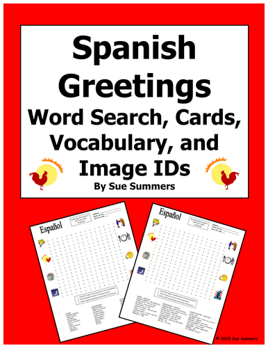 Spanish Greetings Word Search Puzzle, Vocabulary, Cards, and Image IDs
