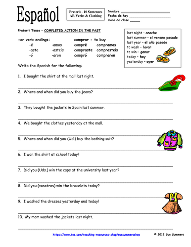 Spanish Preterit -AR Verbs and Clothing Sentences Worksheet - La Ropa