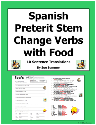 Spanish Preterit Stem Change Verb Sentences With Food, Meals, and Adverbs