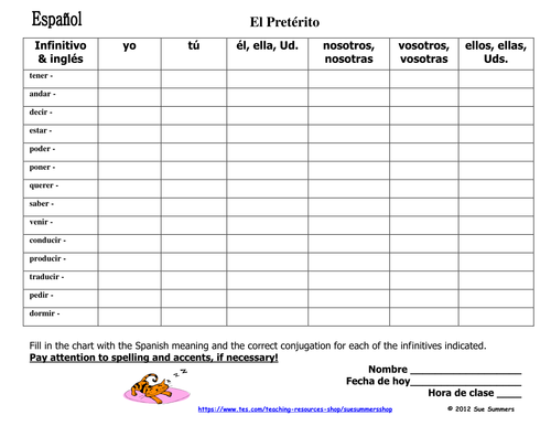 Spanish Preterit Verb Chart - 14 Irregular Preterit Verbs