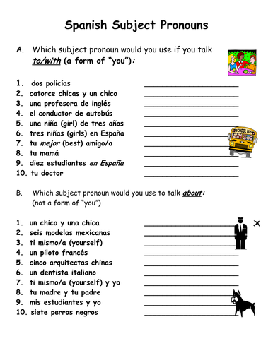 Spanish Subject Pronouns Practice and Worksheet