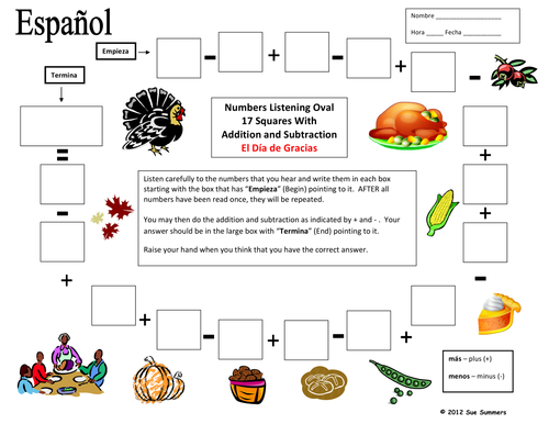 Spanish Thanksgiving Theme Numbers & Math Listening Activity