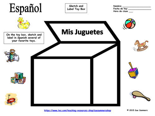 Spanish Toy Box Sketch and Label Activity with Vocabulary List