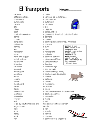 Spanish Transportation / Transporte Vocabulary Reference