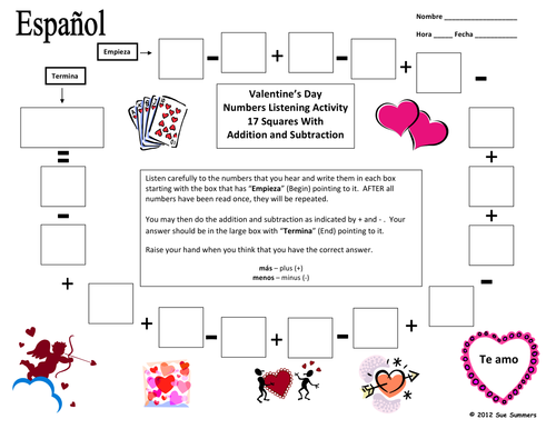 Spanish Valentine's Day Numbers and Math Listening Activity