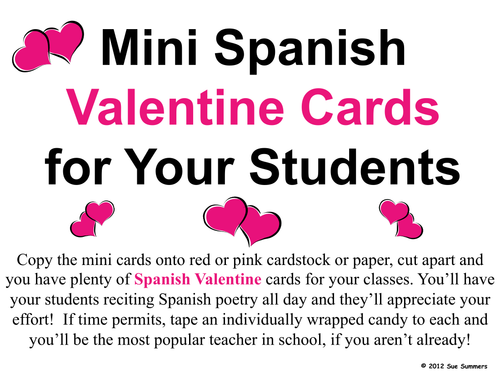 Spanish Valentine's Day Poem Teacher to Student Mini Card