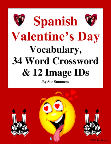 Spanish Valentine's Day Vocabulary, 34 Word Crossword and Picture IDs